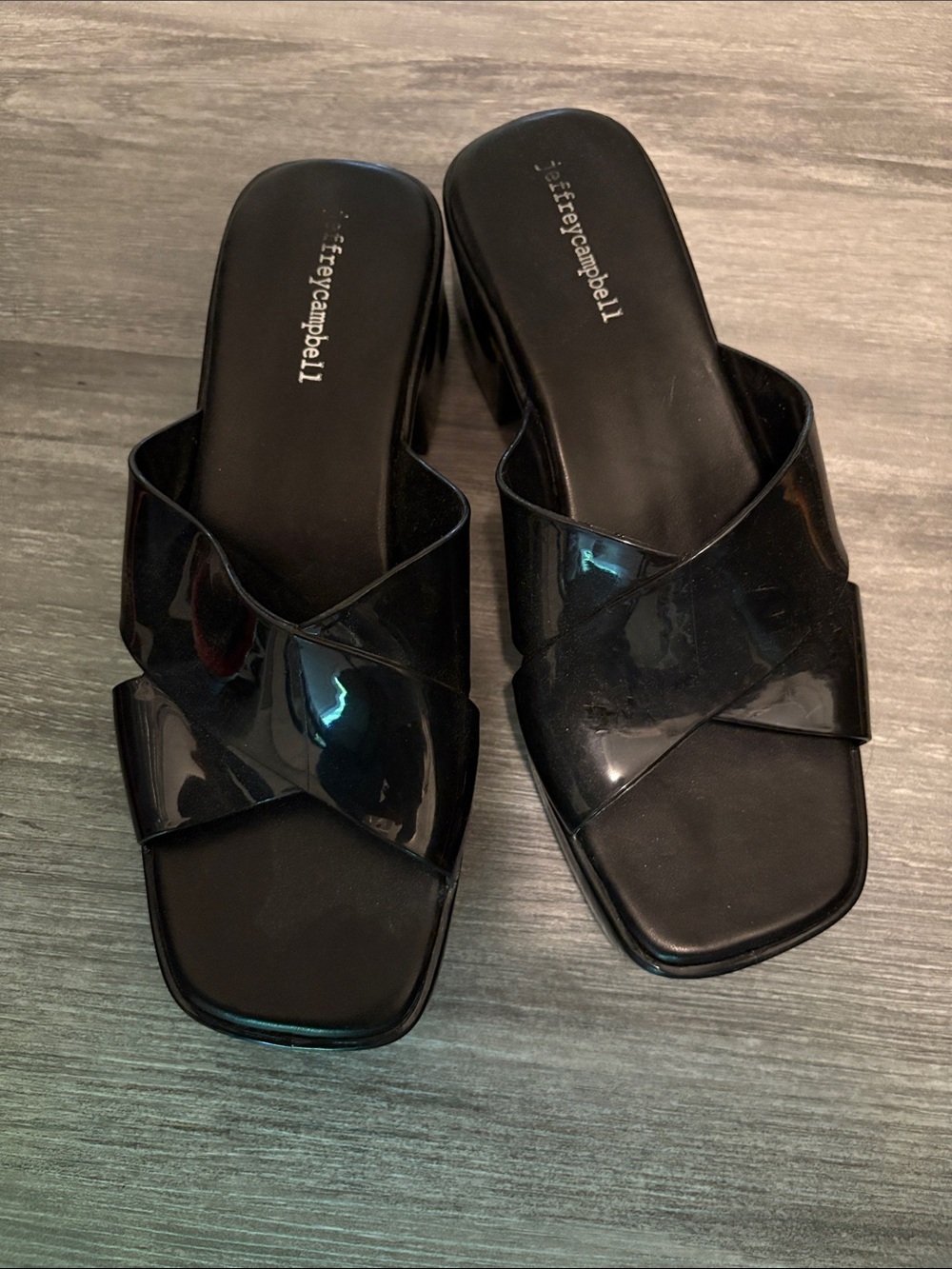 Jeffrey Campbell Black Patent Platform Crisscross Slide Mules